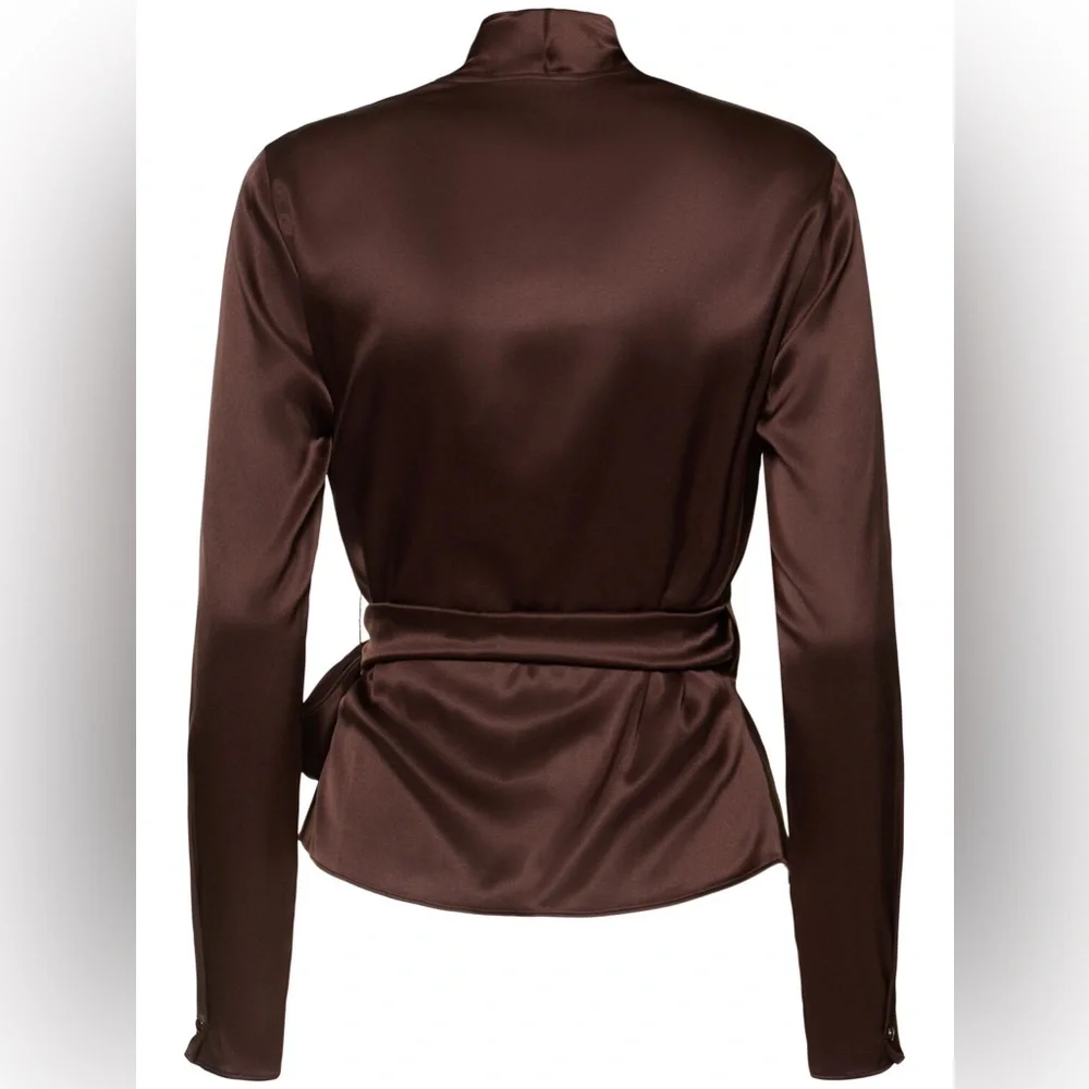 RALPH LAUREN COLLECTION SHEA BROWN SILK WRAP BLOUSE TOP